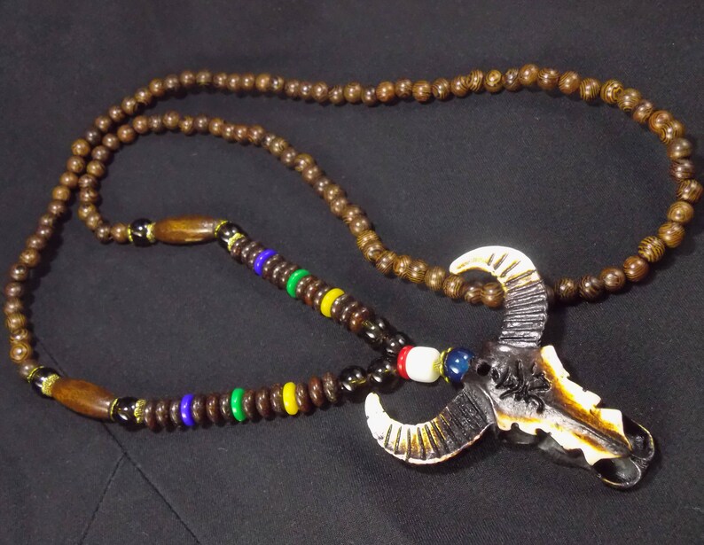 Tibetan Buddhist Hand Carved Cow Skull Head Wood Prayer Beads Mala Protection Healing Amulet Necklace