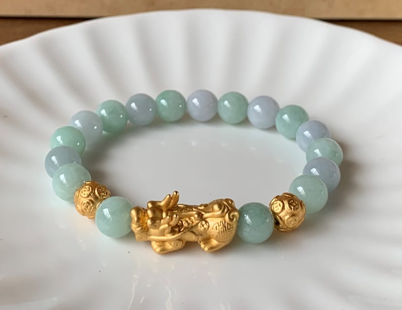 A Grade Pastel Green and Lavender Blue Jadeite Jade Silver Pixiu Bead Gemstone Bracelet Men and Women Gift Jewelry