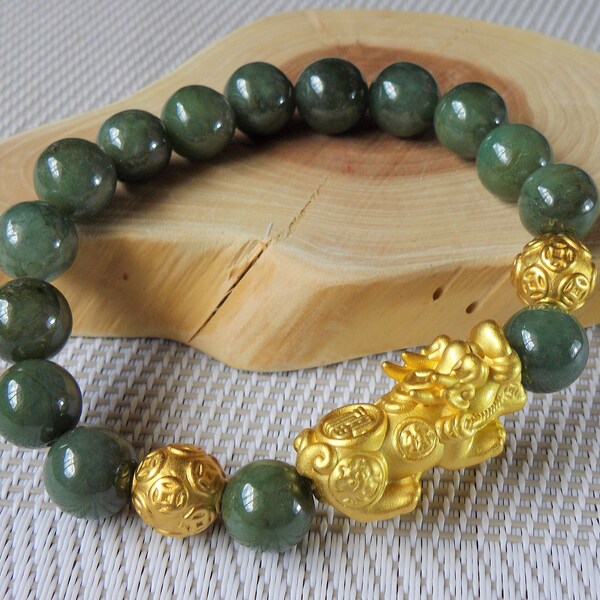 Natural A Grade Green Jadeite Jade Beads 24k Gold Plated Silver Pixiu Dragon Gemstone Stretchable Elastic Bracelet