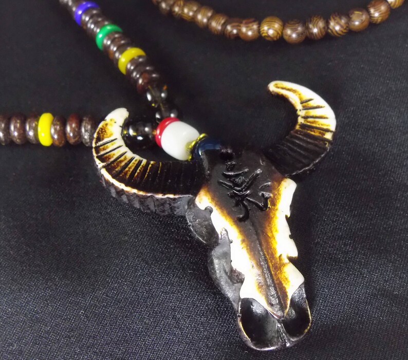 Tibetan Buddhist Hand Carved Cow Skull Head Wood Prayer Beads Mala Protection Healing Amulet Necklace