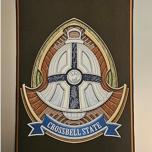 May include: A black banner with a gold chain hanging from the top. The banner features a white and blue crest with a cross and a flower inside a circle. The crest is surrounded by a gold frame and a blue ribbon with the text "CROSSBELL STATE".