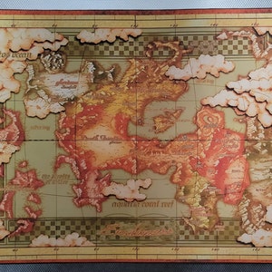 May include: A vintage-style map with a faded, orange and brown color scheme. The map is titled "Seabirds" and features various landmasses and islands, including "Fourtos Ocean", "Death Triangle", "The Isles of Atlantis", and "Aquaria Coral Reef".