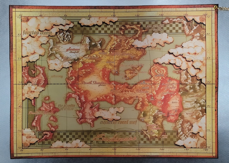 May include: A vintage-style map with a faded, orange and brown color scheme. The map is titled "Seabirds" and features various landmasses and islands, including "Fourtos Ocean", "Death Triangle", "The Isles of Atlantis", and "Aquaria Coral Reef".
