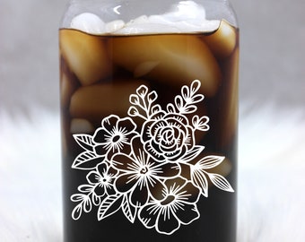 Floral Glass Cup  --  Personalized Beer Can Glass -- Cute Gift -- Cute Cup -- Gift for her-- Glass Coffee -- Personalized By May