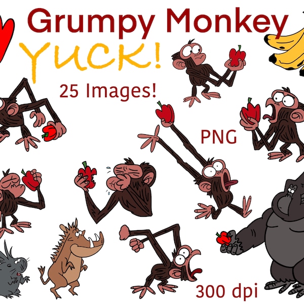 Grumpy monkey yuck! Storybook clipart. Digital download. Printable.