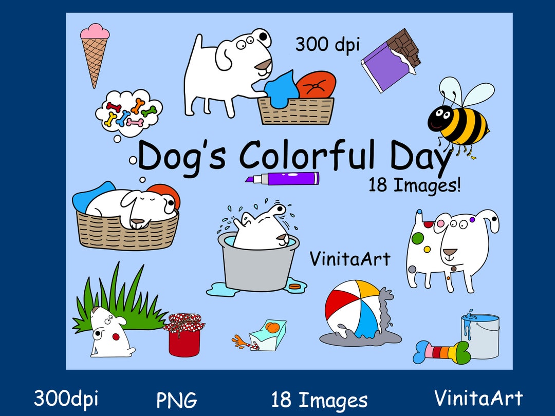 Dog's Colorful Day, Storybook Clipart, Digital Download, Dog Printables