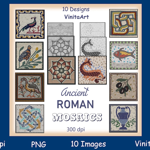 Ancient Roman Mosaics, 10 designs, printable, digital, downloadable, Digital Stamps