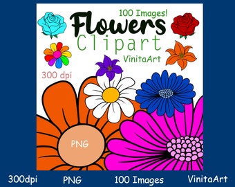 Flowers clipart, digital download,  Roses, daisies, lilies & more 100 Images