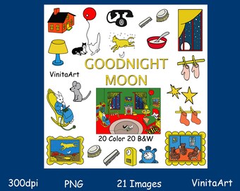 Goodnight Moon, Storybook clip art, printable coloring pages, digital download, Digital Stamps