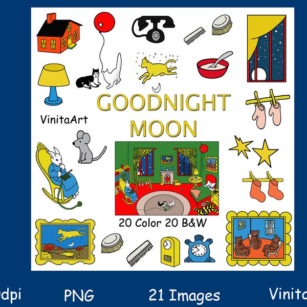 Goodnight Moon, Storybook clip art, printable coloring pages, digital download, Digital Stamps