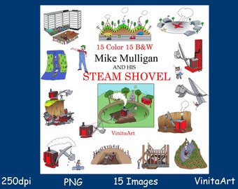 Mike Mulligan and his Steam Shovel Story Book Clip Art, digital stamps