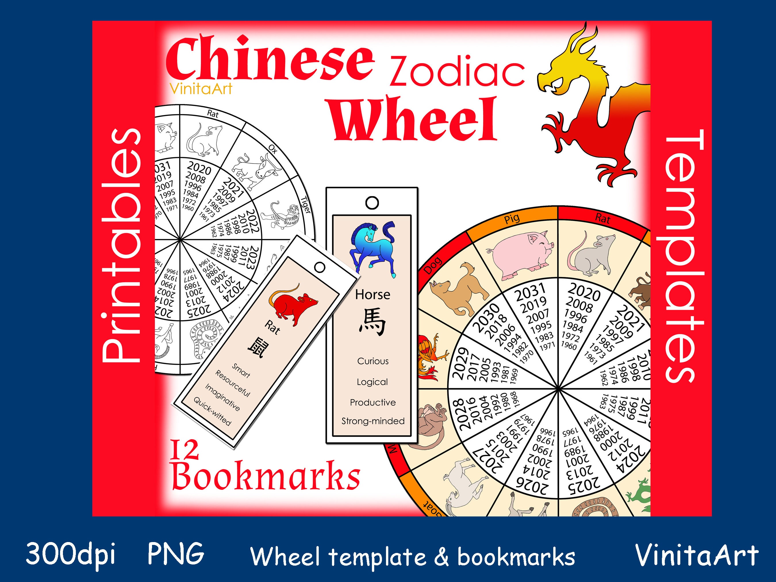 Chinese New Year, Zodiac Wheel, Printable, Bookmarks, Instant Download -  Etsy