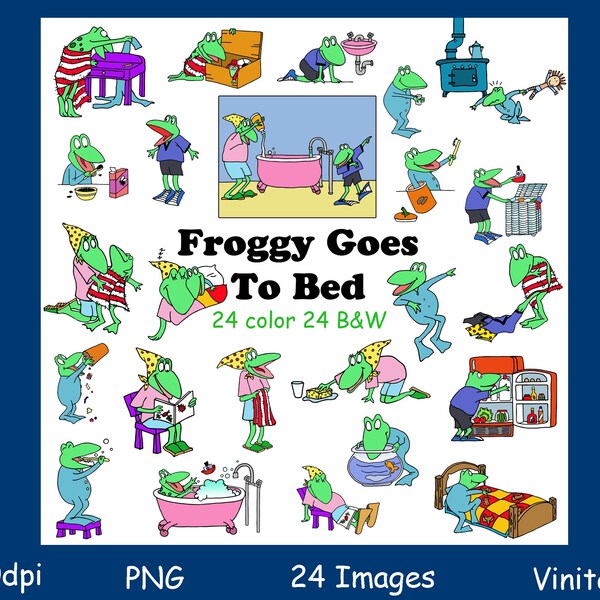 Froggy Goes To Bed, storybook clipart, digital download, printables, Digital Stamps