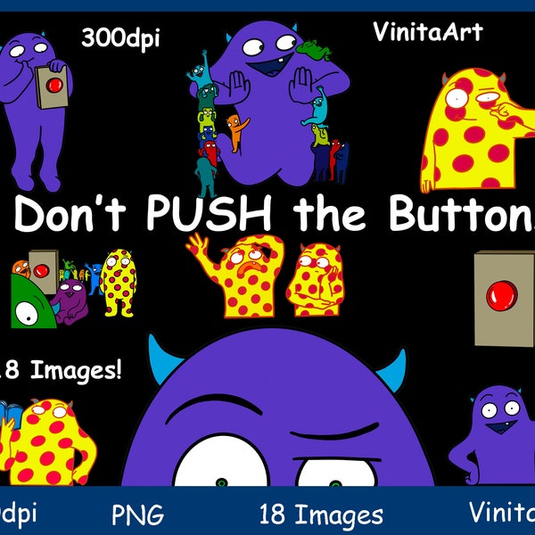 Halloween, Monster clipart, Don't Push The Button, storybook clipart, printable, digital download