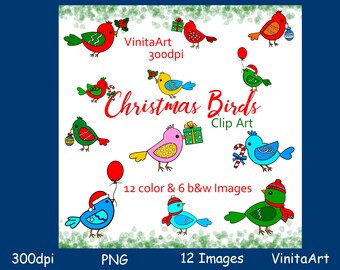 Christmas birds, clipart, clip art, holiday, seasonal, printable, digital download, coloring pages, digital stamps