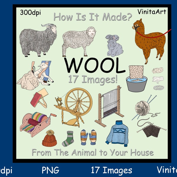 Knitting Clipart, Wool, How is it made, from the animal to your house, Spinning wheel, carding, Digital download