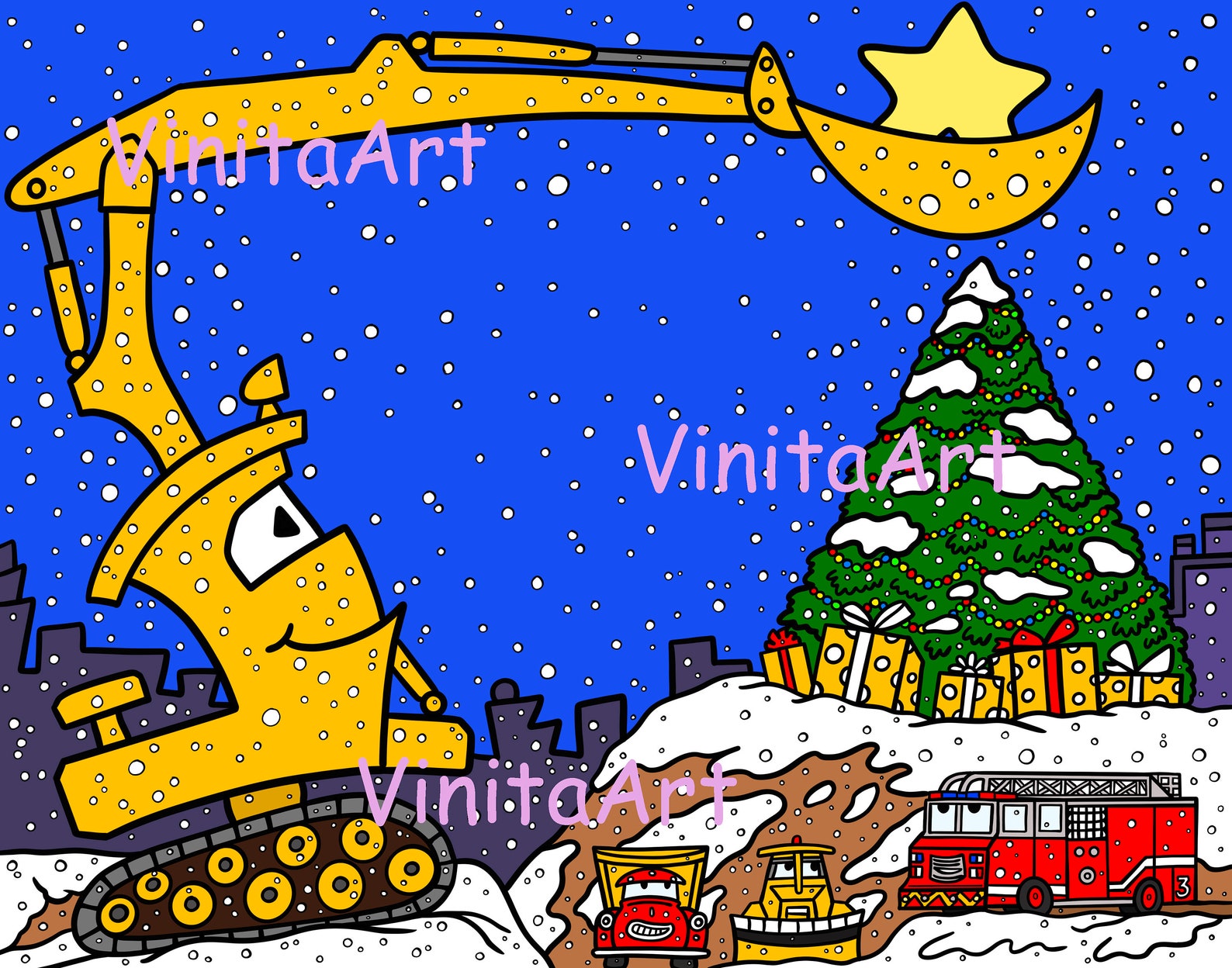 Construction Site on Christmas Night Storybook Clipart Etsy