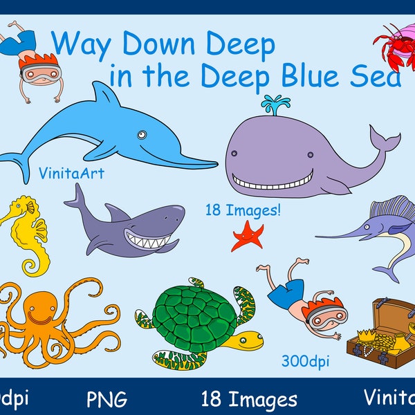 Way down deep in the deep blue sea storybook clipart, Ocean animals, printables