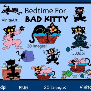 Bedtime For Bad Kitty, storybook clipart, printable, digital download image 1