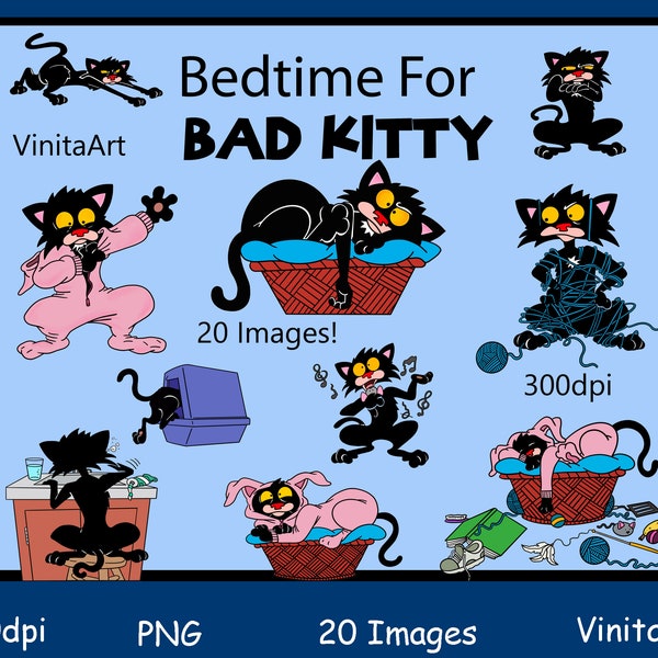 Bedtime For Bad Kitty, storybook clipart, printable, digital download
