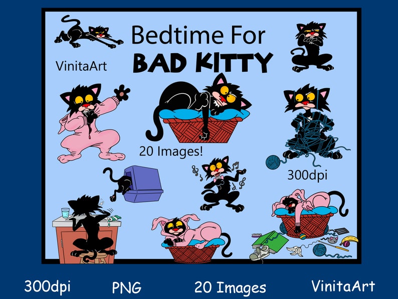 Bedtime For Bad Kitty, storybook clipart, printable, digital download image 1