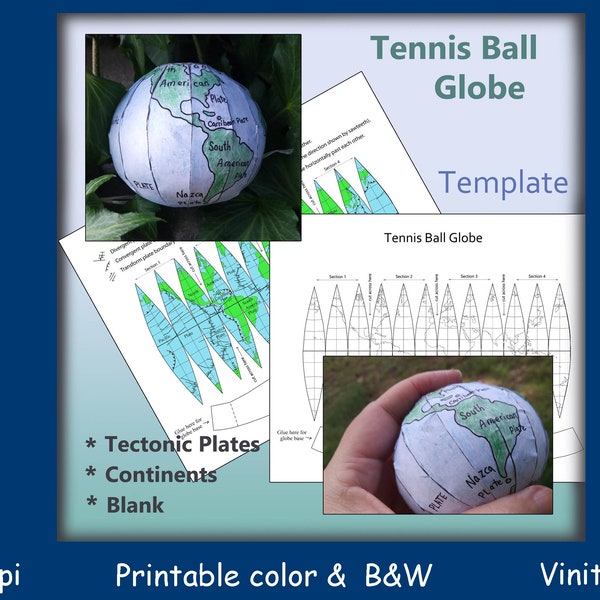 Plate Tectonics Tennis Ball Globe Template, digital download, printable craft