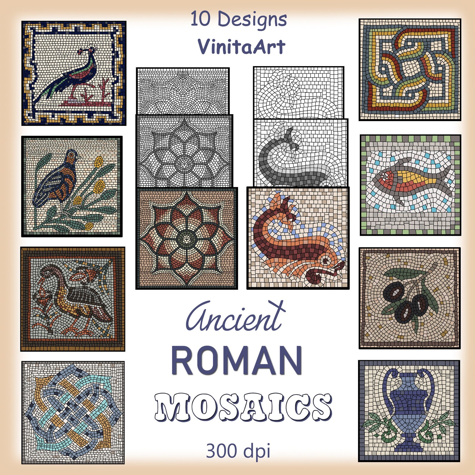 Ancient Roman Mosaics 10 Designs Printable Digital Etsy