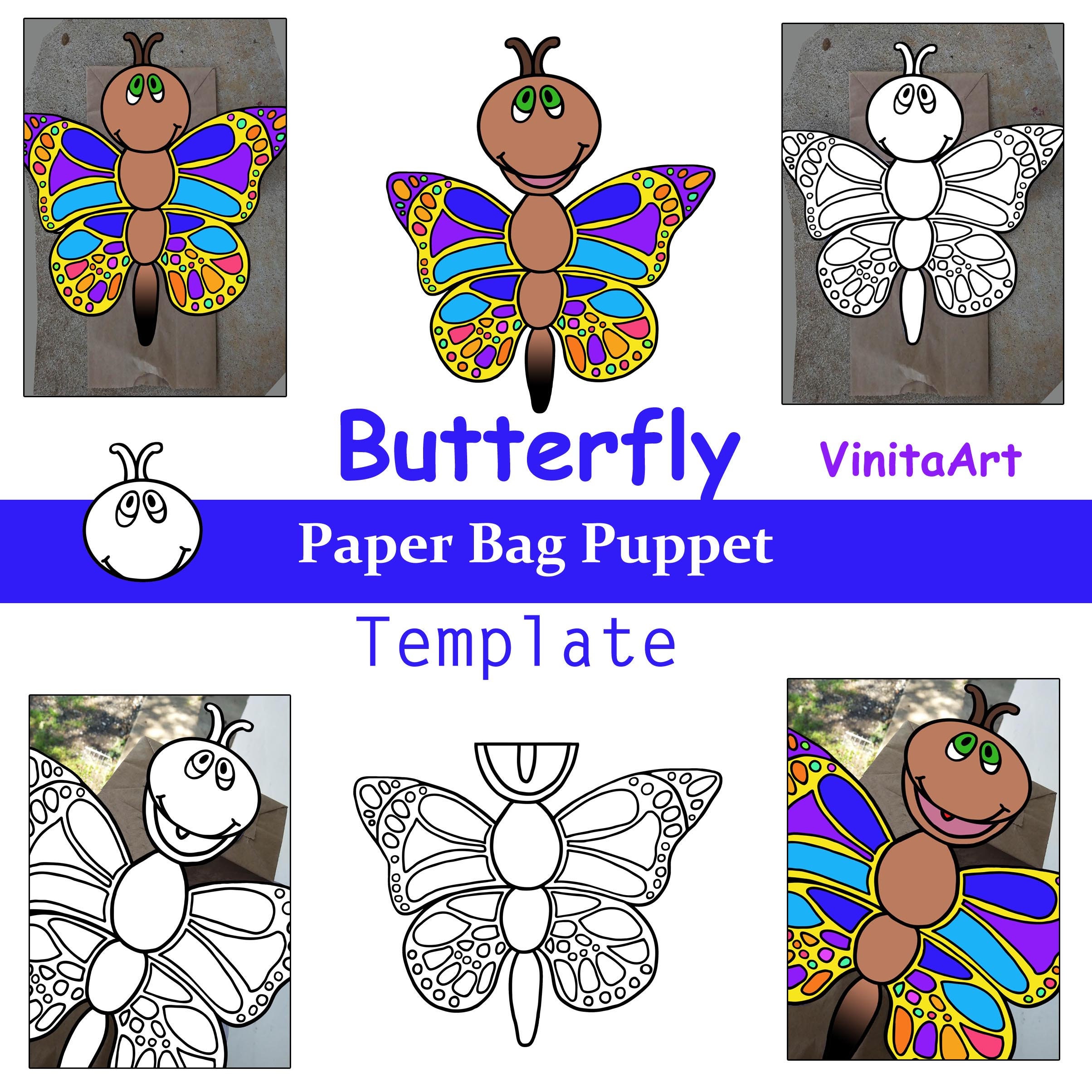 Printable Butterfly puppet paper bag puppet digital | Etsy