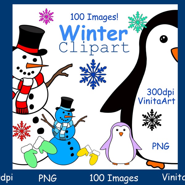 Clipart de invierno, pingüinos, muñecos de nieve, mitones, copos de nieve, 100 imágenes, descarga digital, imprimible