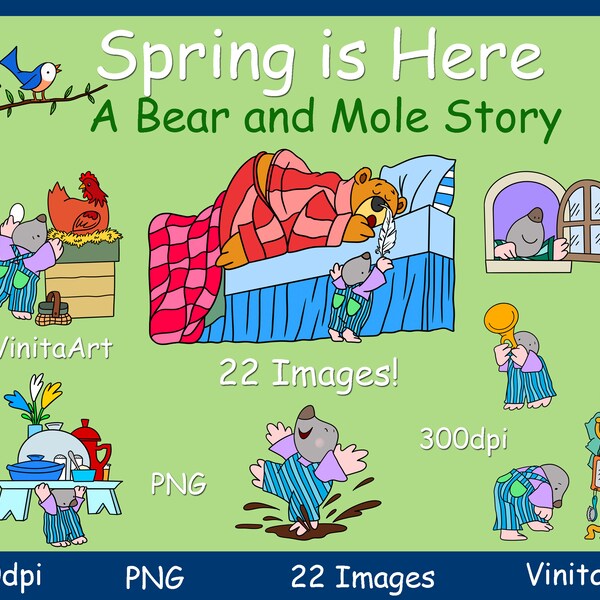Spring Is Here, storybook clipart, Bear and Mole, Digital, printable, coloring pages