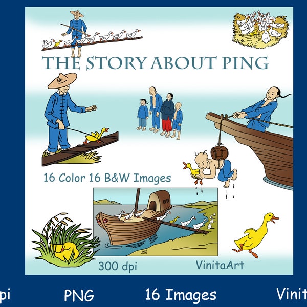 The Story About Ping, printable storybook, clipart, Asian story, digital stamps, duck