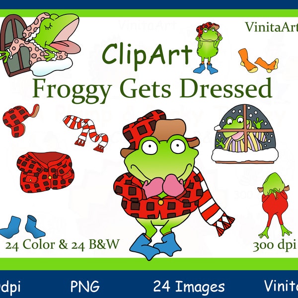 Froggy gets dressed, storybook clipart, Printables, digital download, Digital Stamps