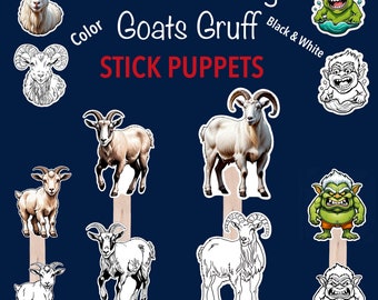 The Three Billygoats Gruff Printable stick puppets, story telling, PNG