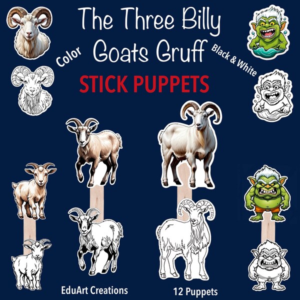 The Three Billygoats Gruff Printable stick puppets, story telling, PNG