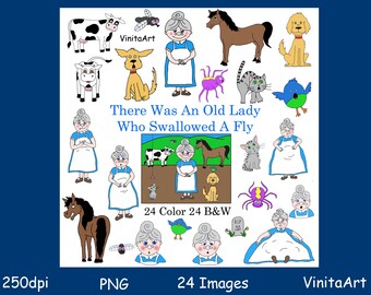 There was an old lady who swallowed a fly Story book clip art, Digital Stamps, tale