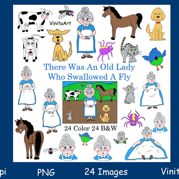 There was an old lady who swallowed a fly Story book clip art, Digital Stamps, tale