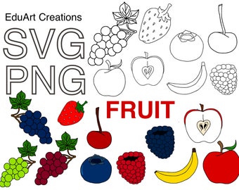 Obst SVG, CutFile, Clipart, Cricut, Apfel, Heidelbeere, Kirsche, Himbeere, Trauben, Erdbeeren, Banane