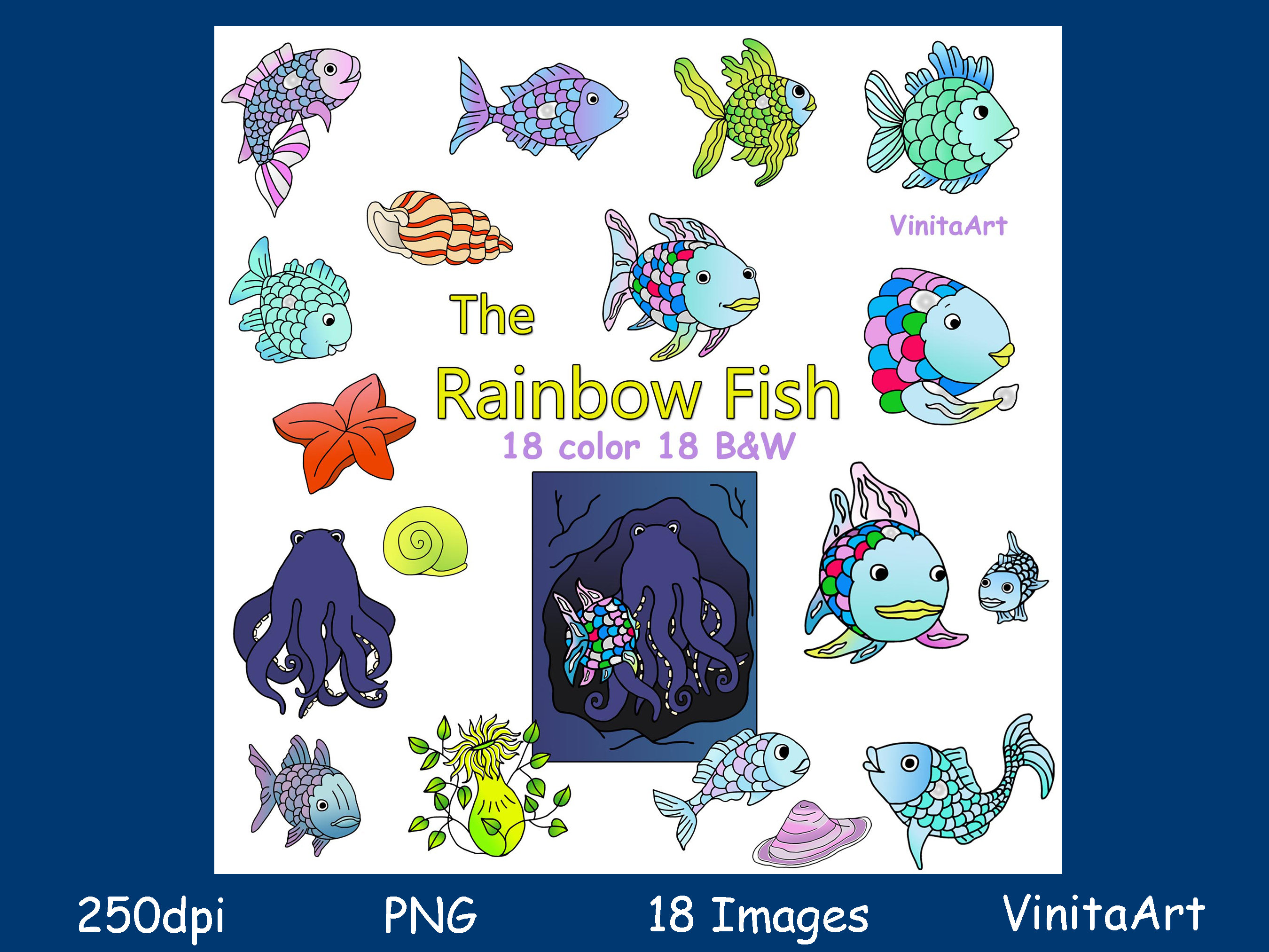 The Rainbow Fish, Story Book Clip Art, Printable, Digital Stamps