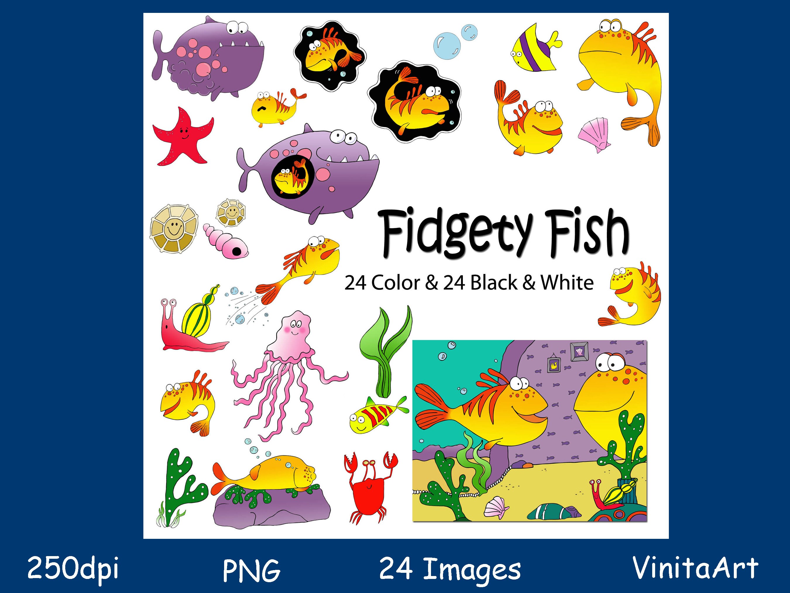 Fidgety Fish, Clip Art, Story Book Illustrations, Printable, Digital Stamps  