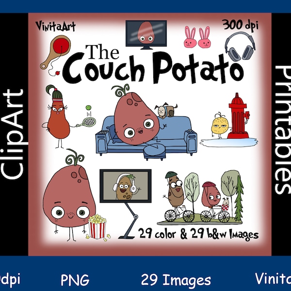 The Couch Potato,  storybook clip art, digital downloadable, Digital Stamps,