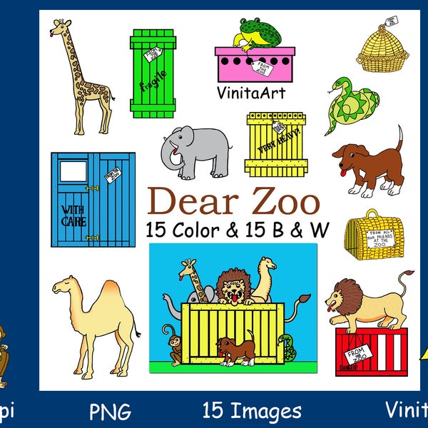 Dear Zoo storybook clip art, printable, coloring pages, teacher resource, Digital Stamps, digital download, zoo, animals, classic story