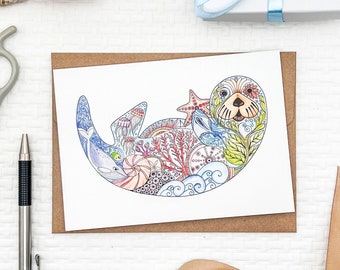 Set of Watercolor Sea Otter notecards, blank inside, ocean themed greeting card, whimsical sea otter card, coastal stationary, sea otter art