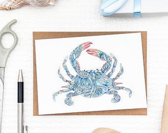 Set of Watercolor Blue Crab notecards, blank inside, ocean themed greeting cards, whimsical blue crab card, coastal greeting cards