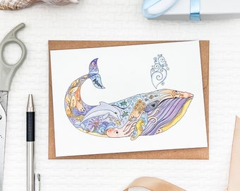 Set of Watercolor Whale notecards, blank inside, ocean themed greeting card, whimsical whale card, coastal stationary, whale art cards