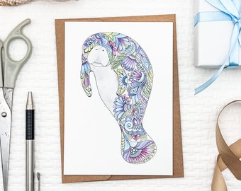 Set of Watercolor Manatee notecards, blank inside, ocean themed greeting cards, whimsical Manatee card, coastal stationary, Manatee art