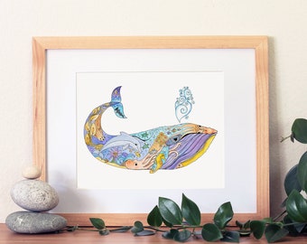 whale art print, whale painting, whale zentangle, sea creatures, ocean decor, beach art, beach decor, bathroom decor, housewarming gifts