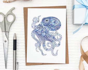 Set of Watercolor Octopus notecards, blank inside, ocean themed greeting cards, whimsical octopus card, coastal stationary,