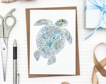 Set of Watercolor Sea Turtle notecards, blank inside, ocean themed greeting cards, whimsical sea turtle card, coastal stationary,