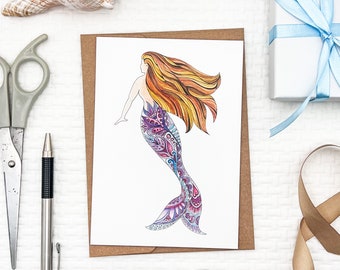 Set of Watercolor Mermaid notecards, blank inside, ocean themed greeting cards, whimsical mermaid card, coastal stationary, Mermaid art