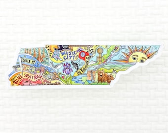 May include: A colorful illustration of the state of Tennessee, featuring landmarks and symbols. The illustration includes a guitar, a sun, a mountain range, a river, a bear, and the text "Music City" and "The Volunteer State".
